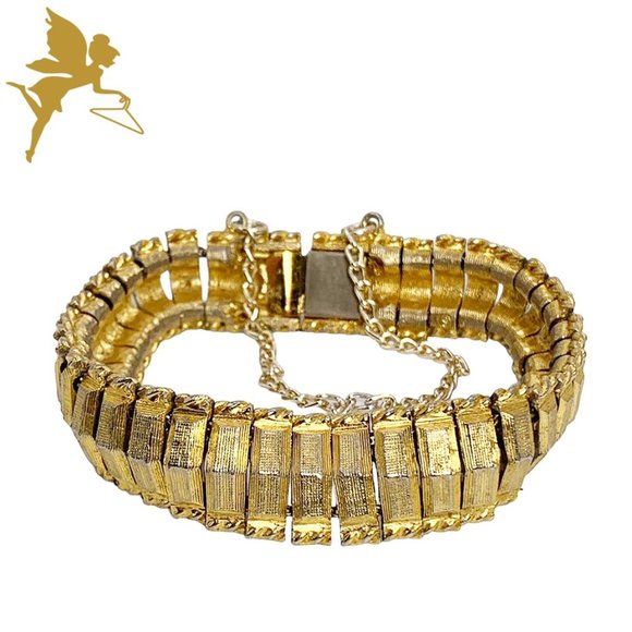 VINTAGE 1960s Goldtone Accordion Bracelet With Safety Chain - Picture 1 of 6